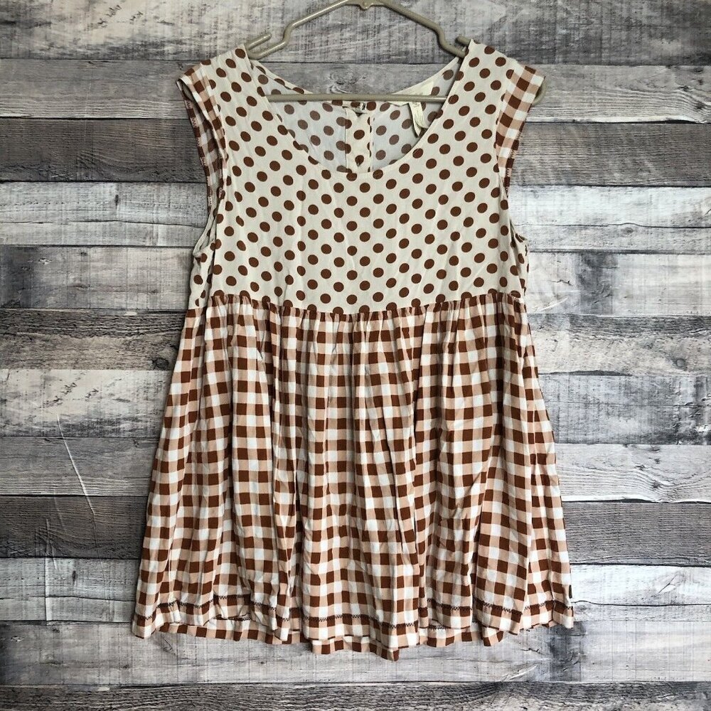 Matilda Jane Polka Dot & Gingham Babydoll Tunic Top Medium Cream Brown Buttons
